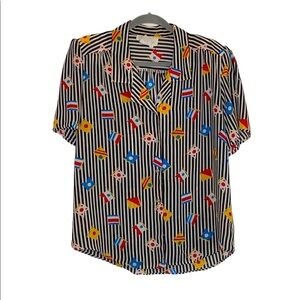 Shapely Women's Vintage Black & White Striped Flags Button Down Shirt size 12